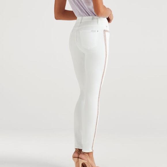 New 7FAMK High Rise 25 Super Skinny Leg Rainbow Fringe Trim White Jean Resort - Picture 13 of 15